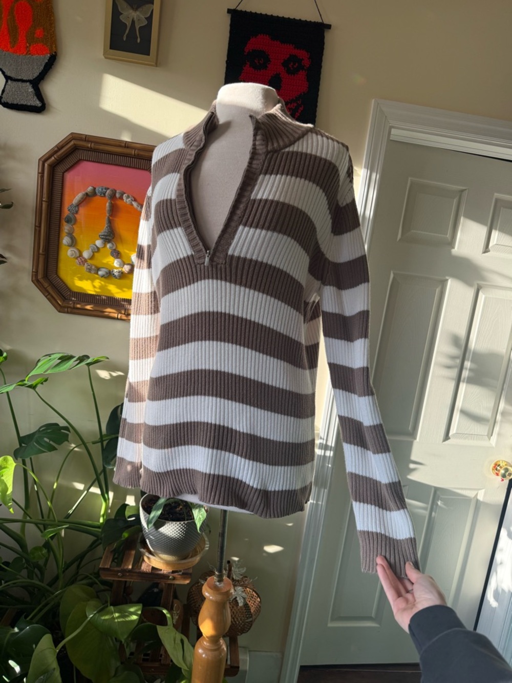Striped Brown and White Ribbed V-Neck Sweater